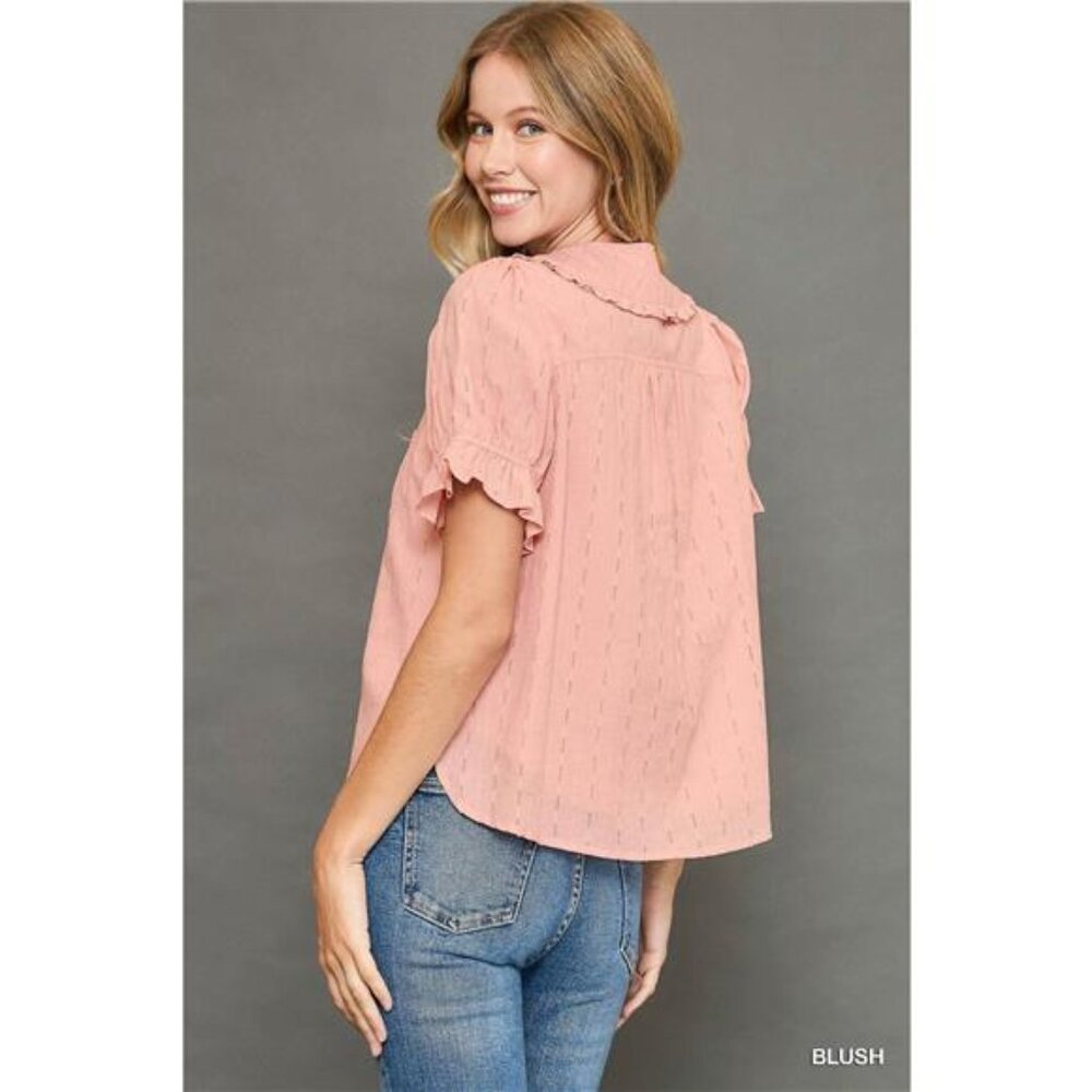 Peter Pan Collared Button Down Textured Shirt with Ruffled Detail - Picture 3 of 4
